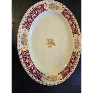 Homer Laughlin B 43 N 6 Vintage Oval Serving Platter Floral Burgundy Gold Trim